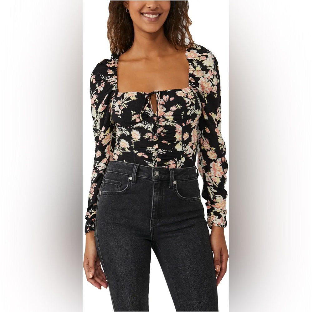 NWT, Free People Black Combo Hilary Printed Keyhole Neck Top, Sz XS